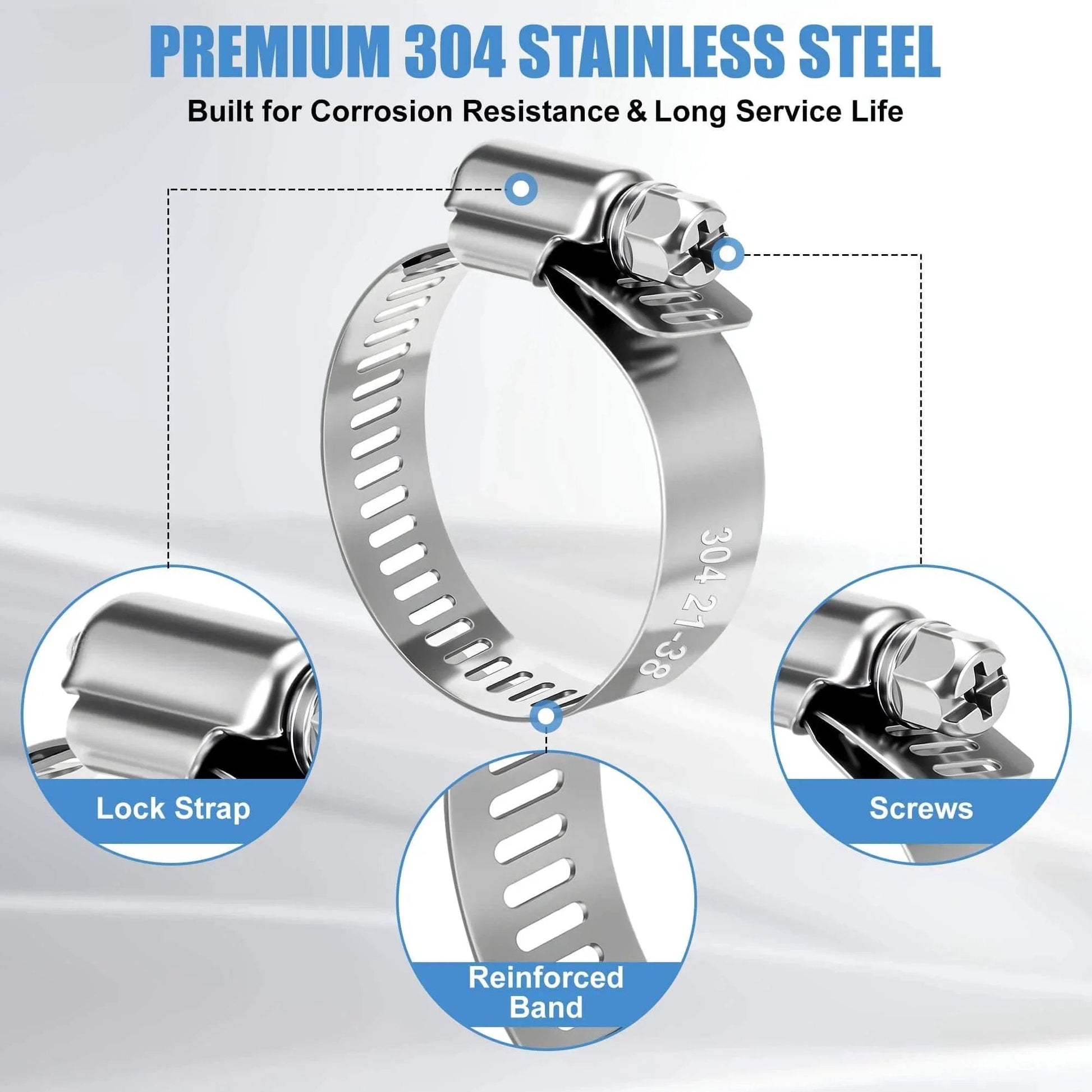 50 Piece 304 Stainless Steel Worm Gear Hose Clamp Assortment One Quarter Inch To One And One Half Inch 6 To 38 Mm Adjustable Pipe Clamps