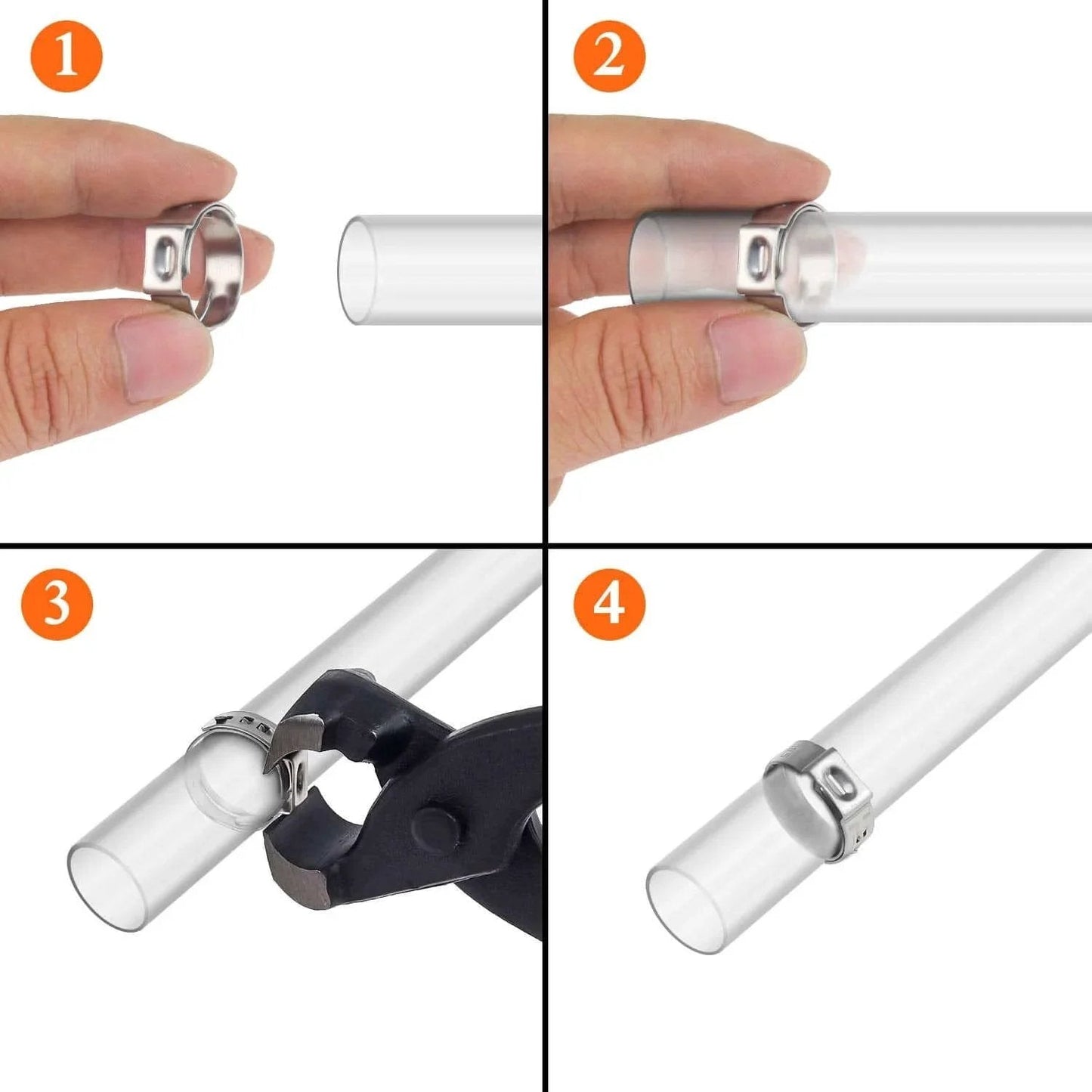 50 Pieces 12.8 To 15.3 Mm 304 Stainless Steel Single Ear Hose Clamps Set For Plumbing Automotive And Industrial Use High Corrosion Resistance Durable Construction Easy To Install With Reliable Gripping Action, showing step-by-step installation on a clear tube.