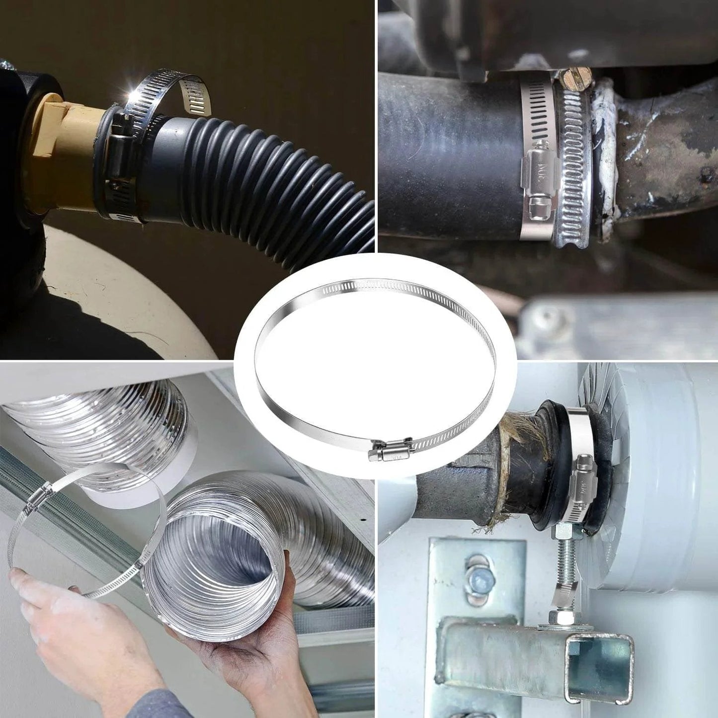 Three Inch Hose Clamp Adjustable 304 Stainless Steel Duct Clamps Six Pack Worm Gear Adjustable Pipe Clamp, installed view