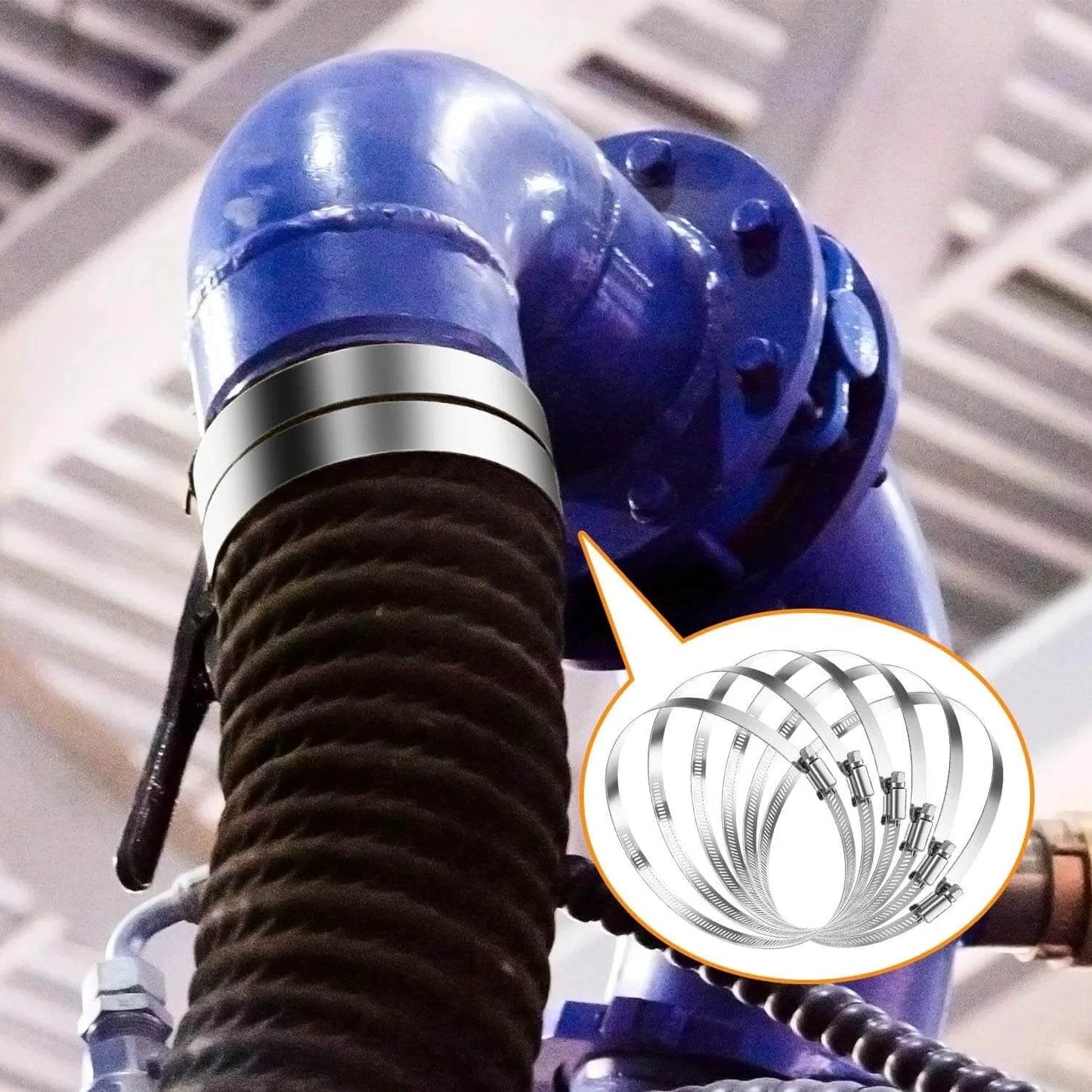 Three Inch Hose Clamp Adjustable 304 Stainless Steel Duct Clamps Six Pack Worm Gear Adjustable Pipe Clamp From Fifty Nine Millimeter To Eighty Two Millimeter For Automotive Mechanical And Agricultural Use installed on a pipe