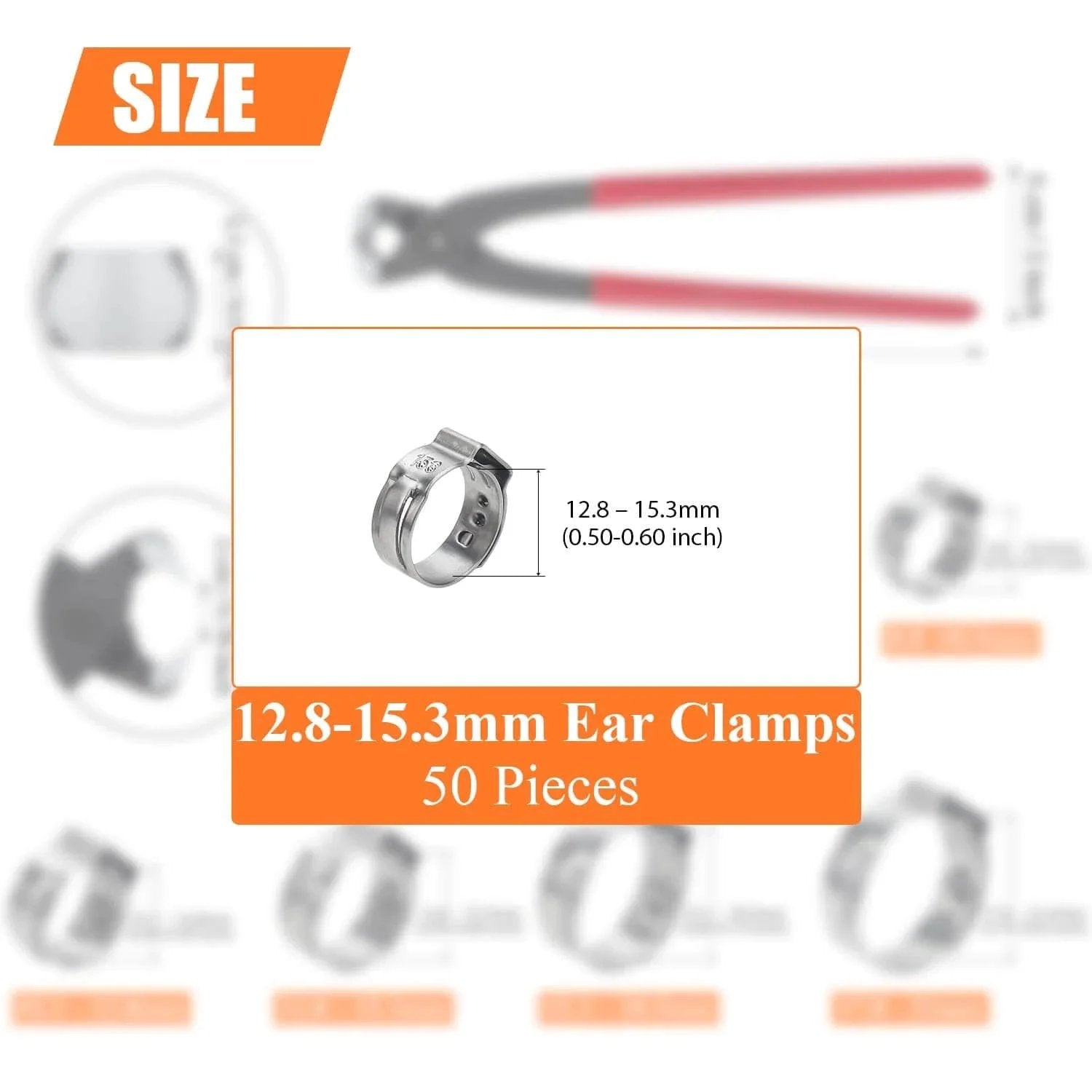 50 Pieces 12.8 To 15.3 Mm 304 Stainless Steel Single Ear Hose Clamps Set for Plumbing Automotive and Industrial Use, shown with tool