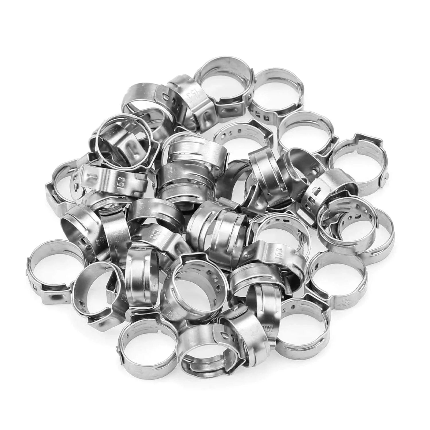 50 Pieces 12.8 To 15.3 Mm 304 Stainless Steel Single Ear Hose Clamps Set For Plumbing Automotive And Industrial Use Packed