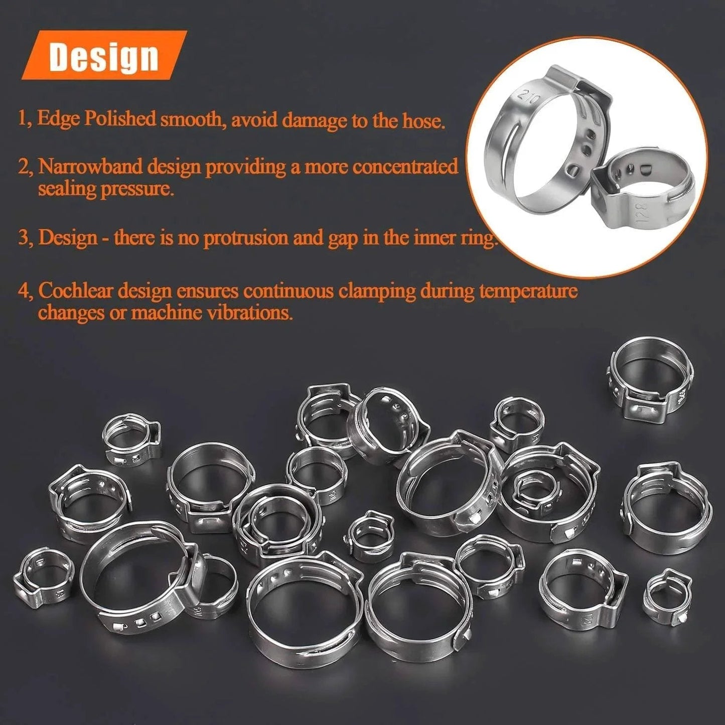 40 Pieces 15.3 To 18.5mm 304 Stainless Steel Single Ear Hose Clamps Set for automotive plumbing and industrial machinery.