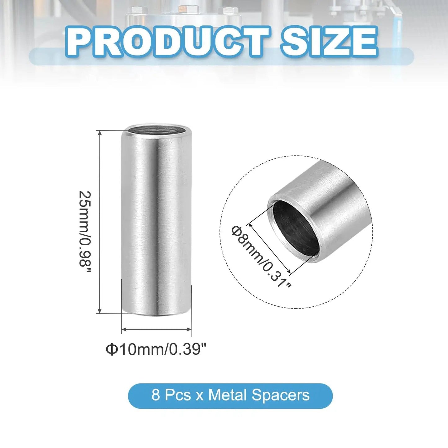 Eight Pack Stainless Steel Spacers 8mm ID 10mm OD 25mm Height 304 Stainless Round Bushing Standoff Diagram