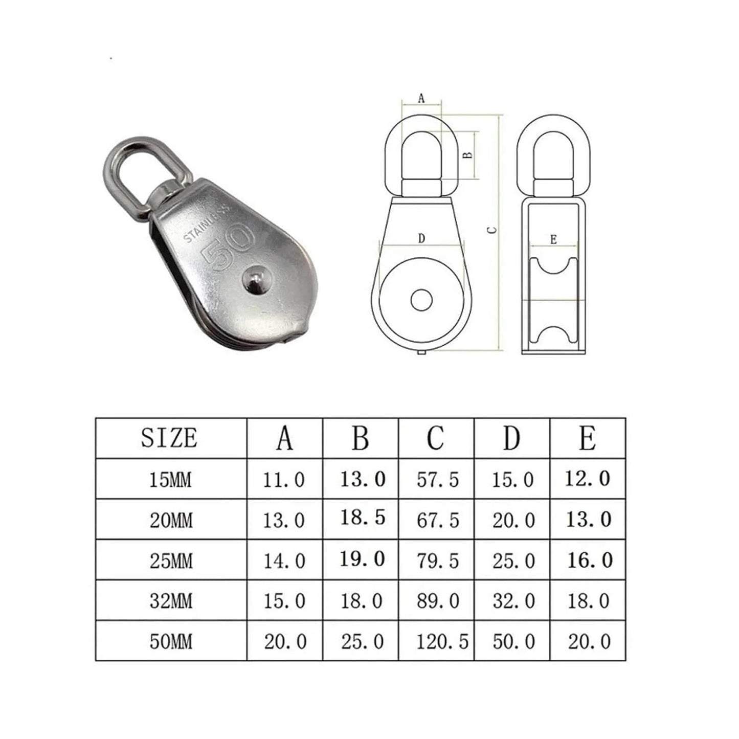 2-Pack 304 Stainless Single Sheave Open Block Pulley 32mm for Canoe Marine Boat Hardware with size chart and design diagram