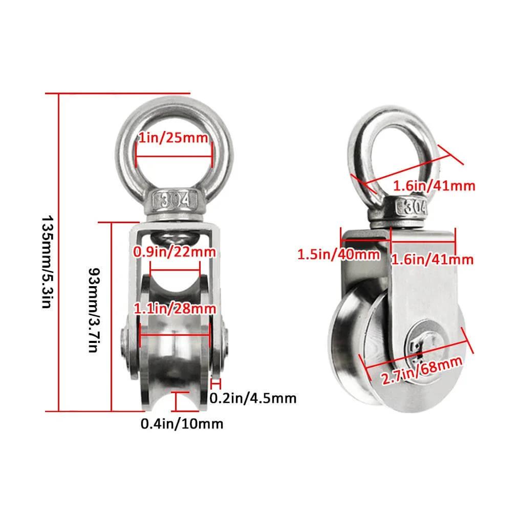 Pulley, Pulley Wheel, 2pcs Heavy Duty Sheaves Track Pulley, 304 Stainless Steel Directional Roller, 360° Rotating Ring, dimensions shown