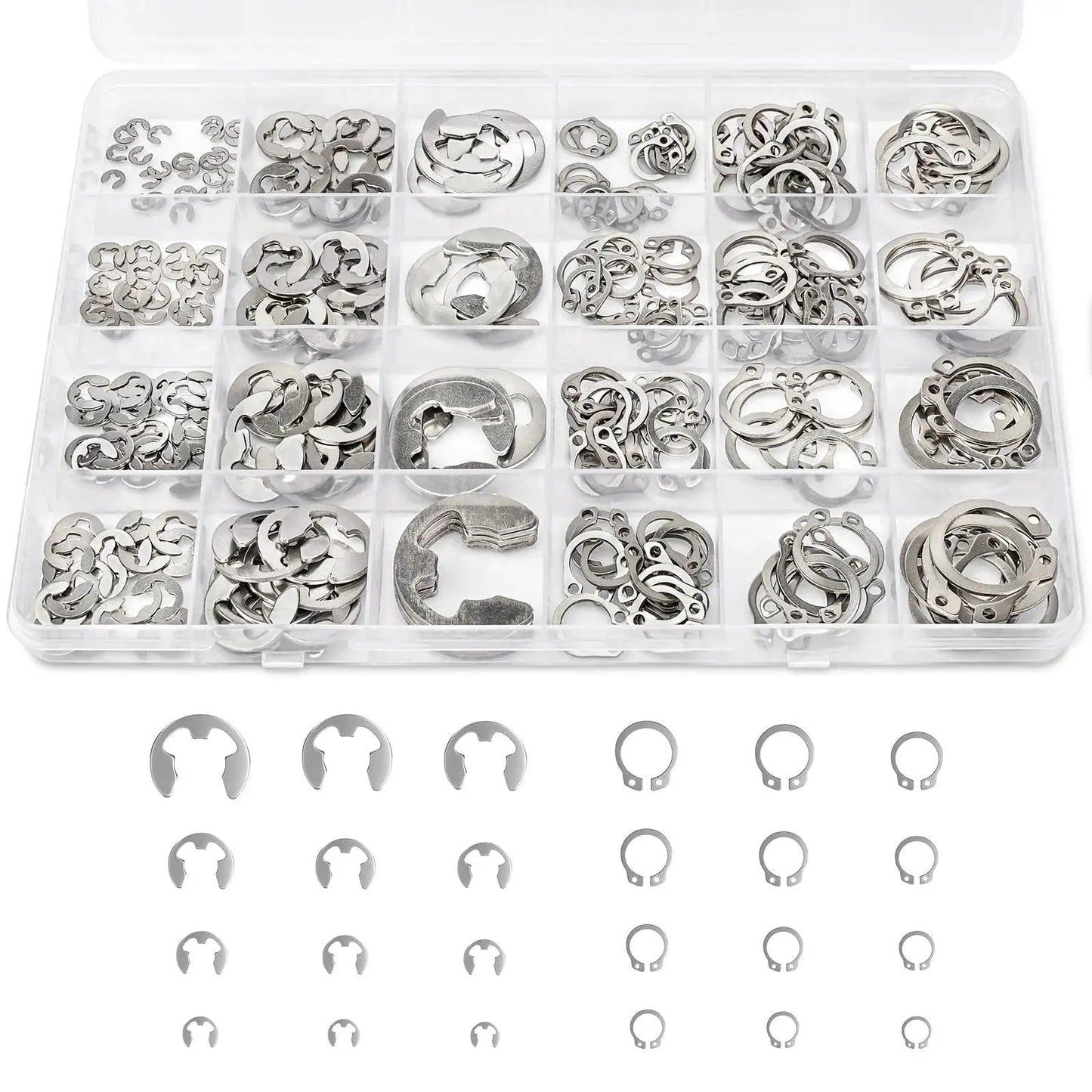 312 Piece Retaining Ring Kit With E Clips And External C Clips In 304 Stainless Steel, assorted sizes in a clear storage case for DIY repairs