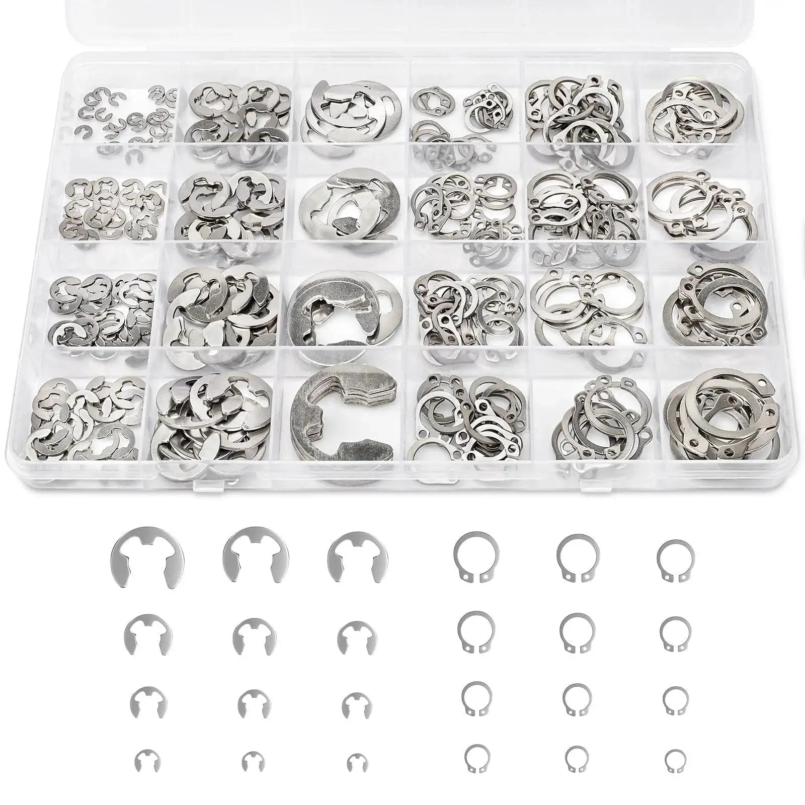 312 Piece Retaining Ring Kit With E Clips And External C Clips In 304 Stainless Steel, assorted sizes in a clear storage case for DIY repairs