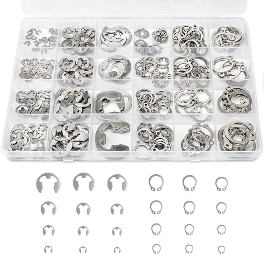 312 Piece Retaining Ring Kit With E Clips And External C Clips In 304 Stainless Steel, assorted sizes in a clear storage case for DIY repairs