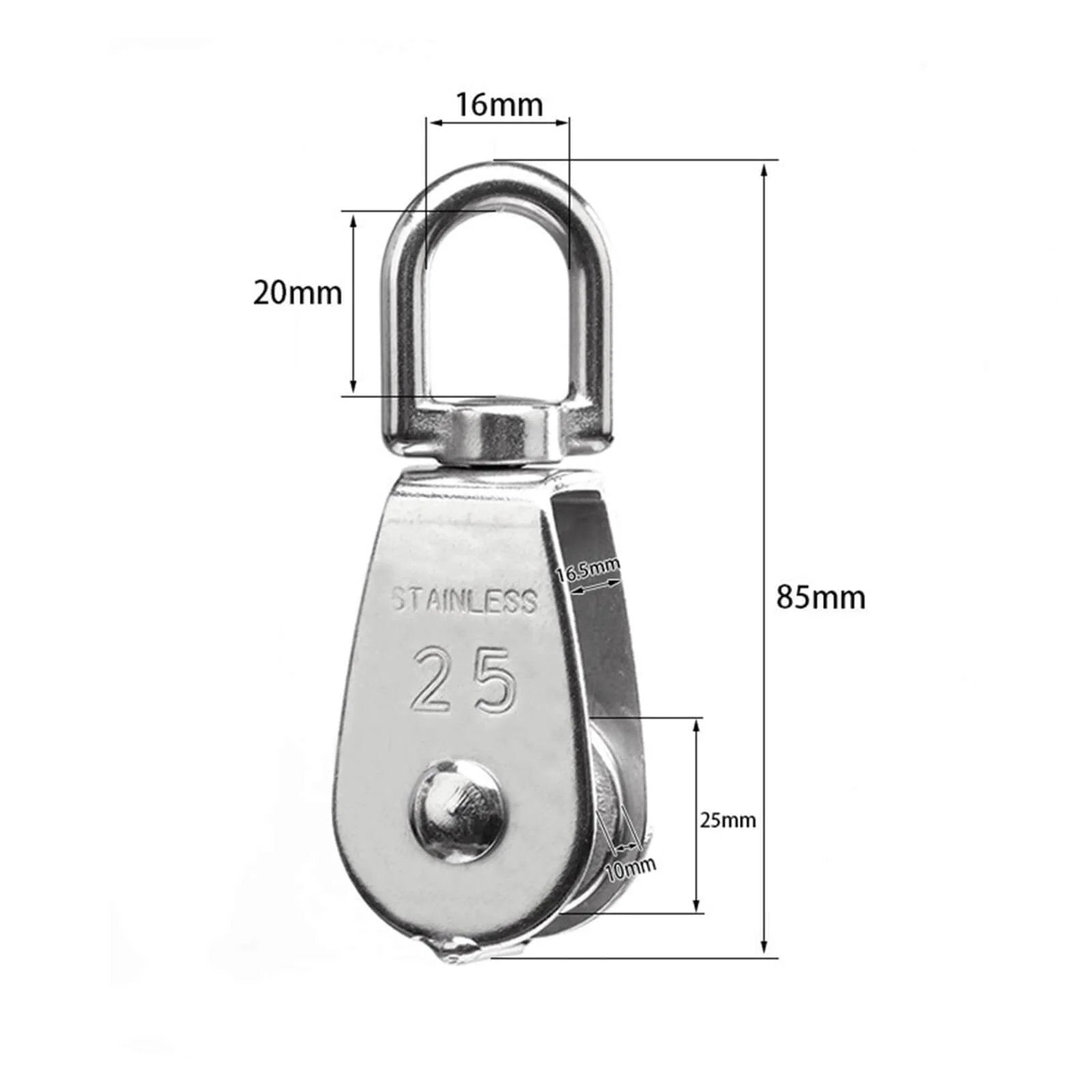 304 Stainless Steel Pully Single Wheel Swivel Pulley Block Lifting Rope 25mm Set, front view with dimensions visible