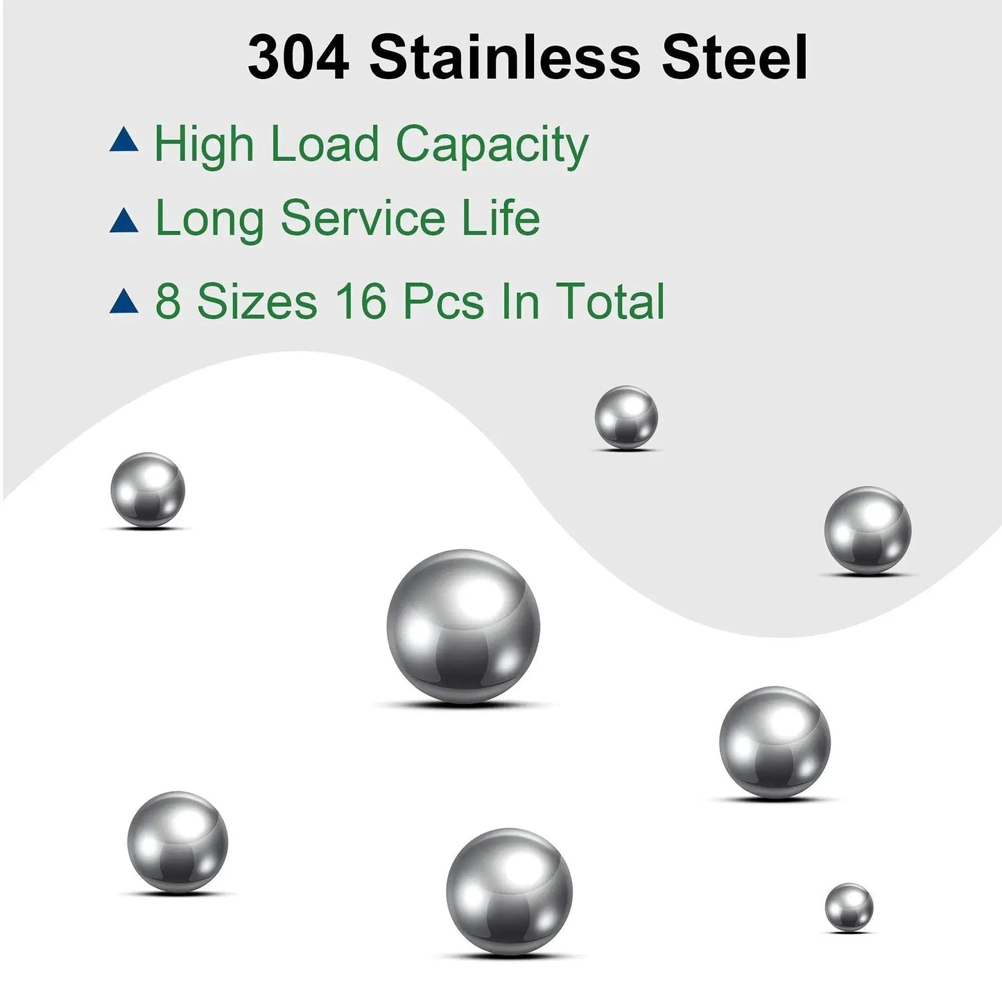 Eight Size Bearing Ball Set 16 Pieces In 304 Stainless Steel With Handy Storage Box For Bearings Gears Hubs And Machinery, Precision Grade And Corrosion Resistant, Ranging From 3/8 Inch To 1 Inch.