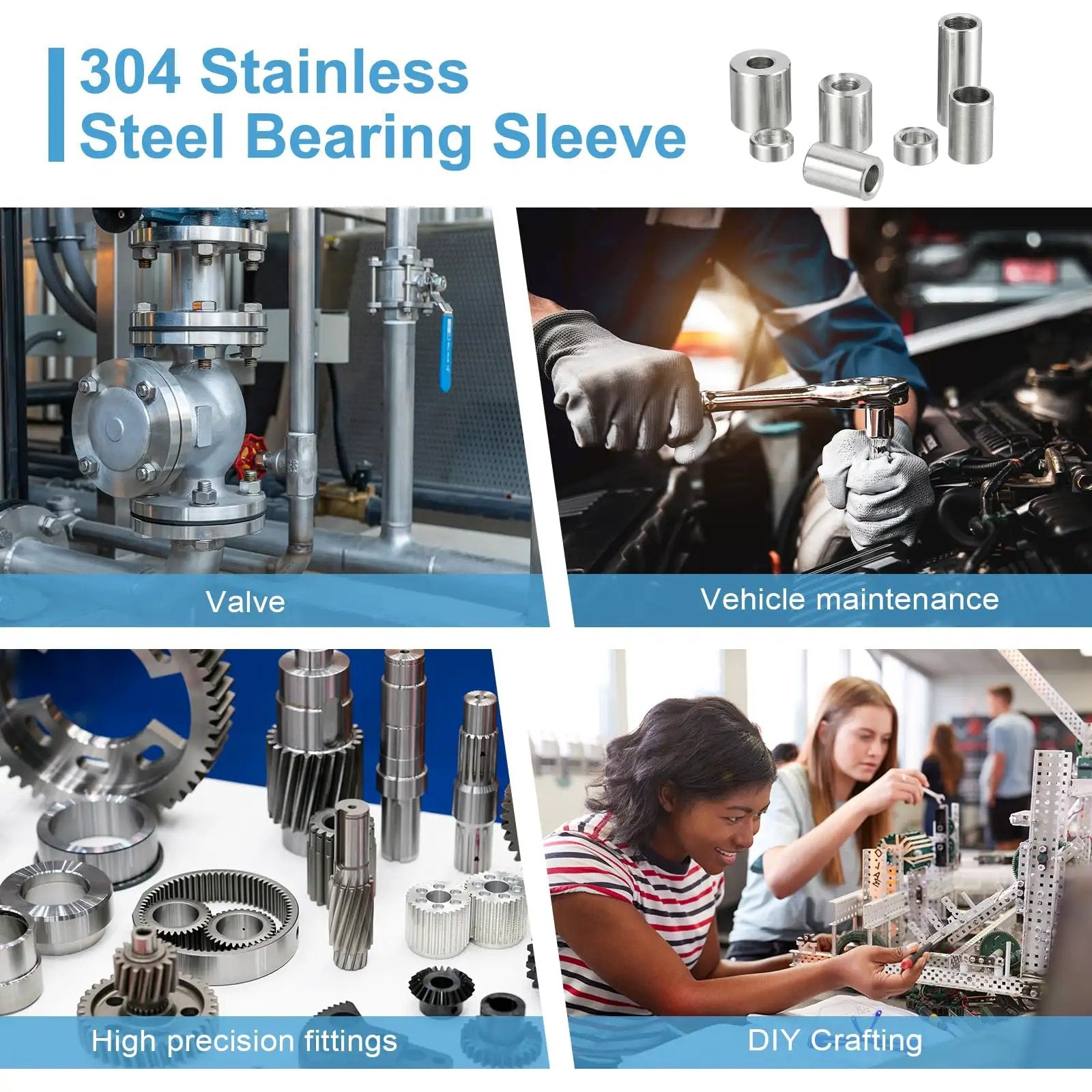 Image showing various applications of 304 stainless steel bearing sleeves in valves, vehicle maintenance, and high precision fittings.