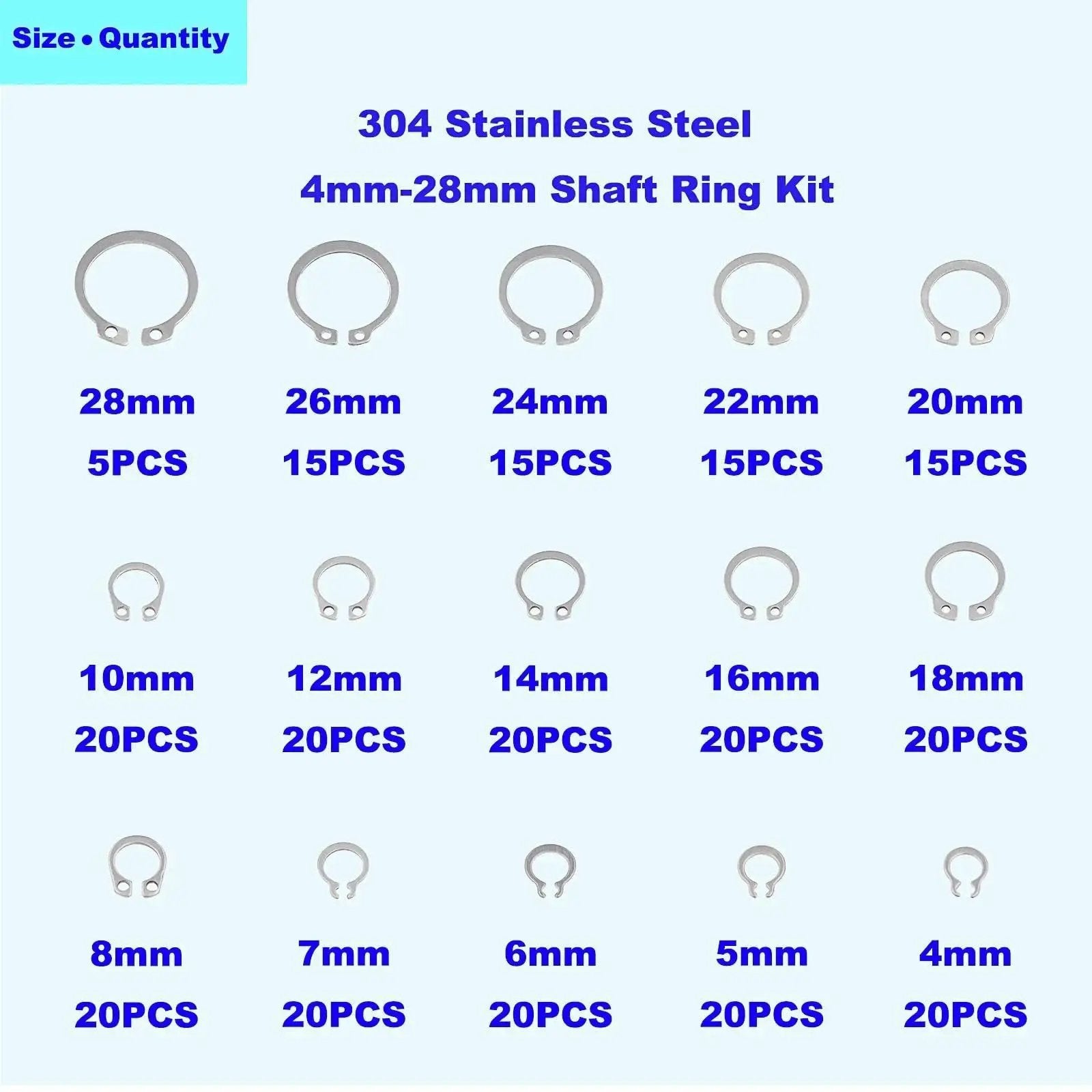 265 Piece Metric Stainless Steel C Clips External Retaining Ring Assortment Kit Includes 15 Sizes With Nominal Diameters 4Mm Through 20Mm For Quick On Hand Fixes Circlips Retaining Rings Automotive Plumbing Machinery Repairs HVAZI display