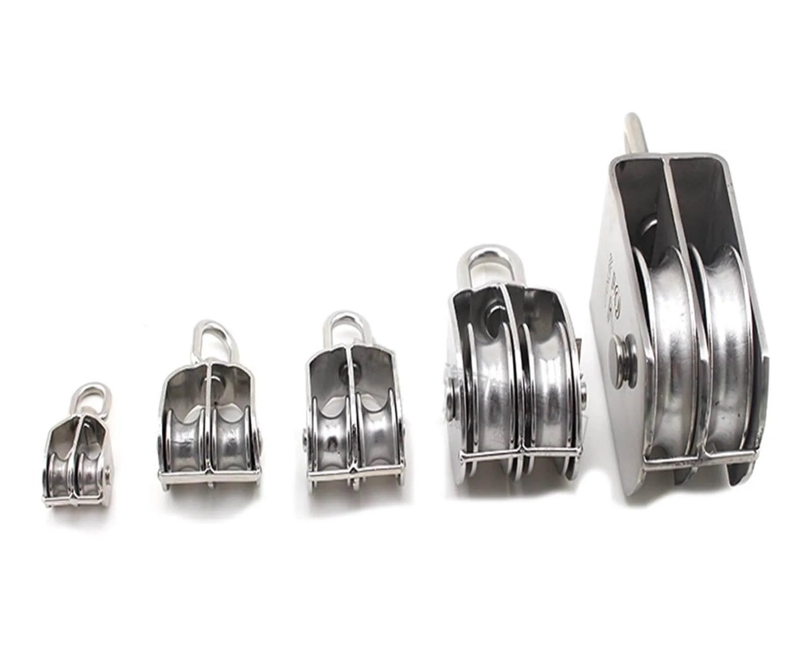 Five 304 stainless steel M50 double pulleys with fixed top rope guide, ideal for heavy duty lifting and smooth rotation in various sizes.