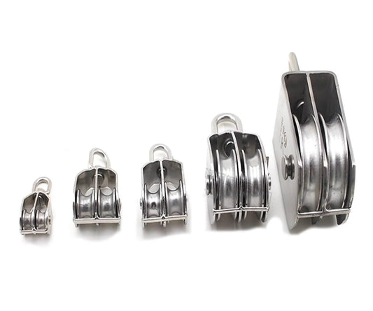 Five 304 stainless steel M50 double pulleys with fixed top rope guide, ideal for heavy duty lifting and smooth rotation in various sizes.