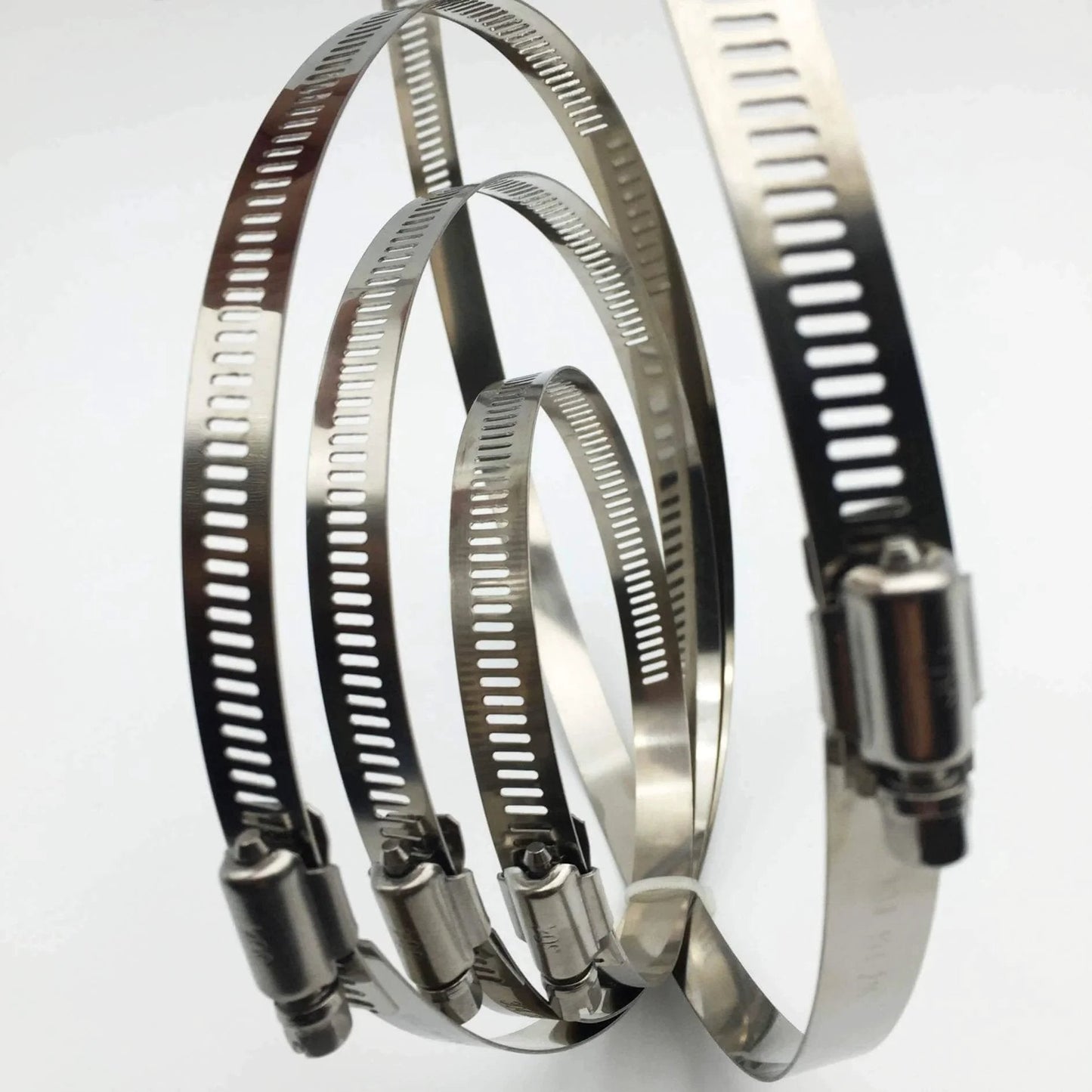 4 Pack 6 Inch Adjustable 304 Stainless Steel Duct Clamps on white background, showing rustproof, waterproof design for air ducting.
