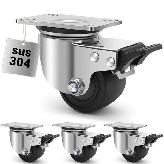 304 stainless steel heavy duty caster wheels with 2.5 inch swivel plate design, casters with brake rated 3300 lbs per set