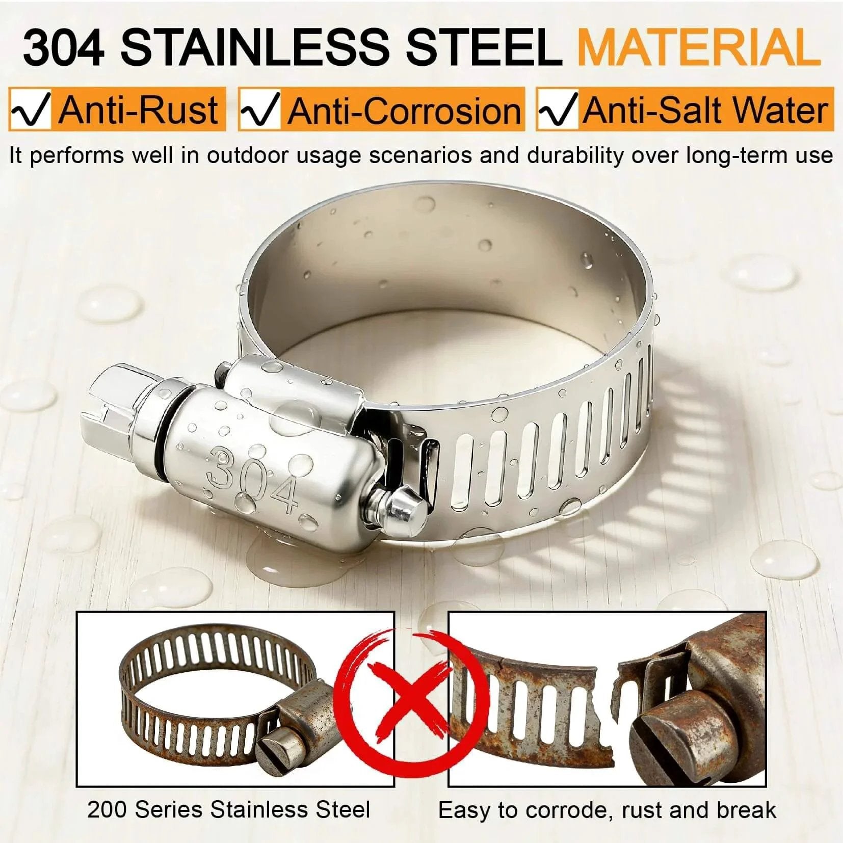 Image of a 210 Piece 304 Stainless Steel Hose Clamps Assortment Kit From One Quarter Inch To Two Inch Worm Gear Hose Clamps For Radiator Heater Automotive Mechanical Applications Pipe Tube Coolant Garden, focusing on anti-rust, anti-corrosion, and anti-salt water features.
