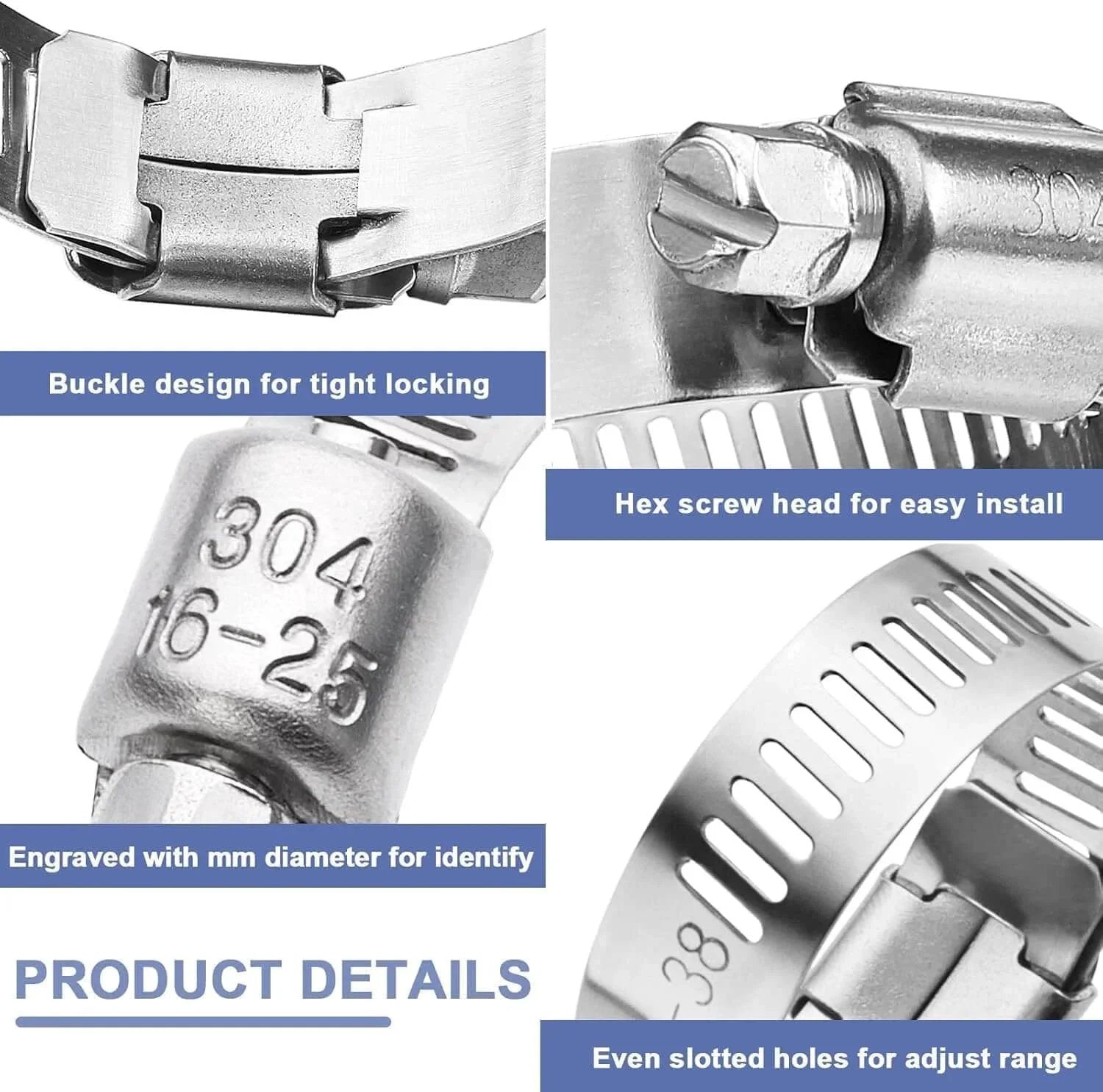 Close-up of 215 Piece 304 Stainless Steel Hose Clamp Kit One Quarter To Two And A Half Inches Worm Gear Clamps 6 To 63 Millimeters details