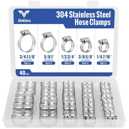 Open box of 40 Piece Hose Clamp Set With 304 Stainless Steel Assortment From One Quarter Inch To One And One Eighth Inch Small Worm Gear Clamps Kit.