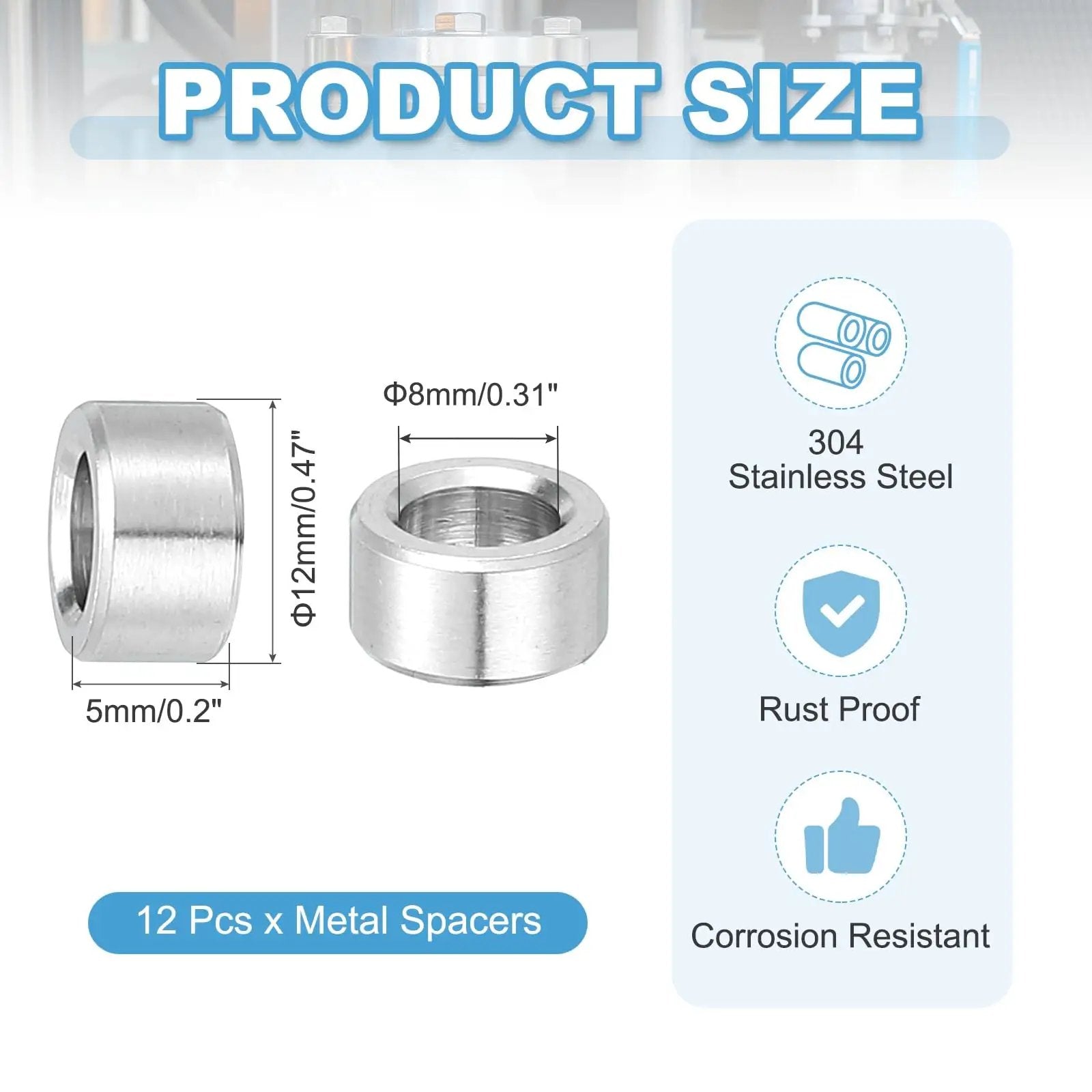 Stainless Steel M8 Spacers Set 8mm ID x 12mm OD x 5mm Long Round Bushing Standoffs For 5 16 Inch Screws Bolts Nuts 12 Pieces Made From 304 Grade Stainless Durable Spacing For Rotating Assemblies And Mechanical Projects