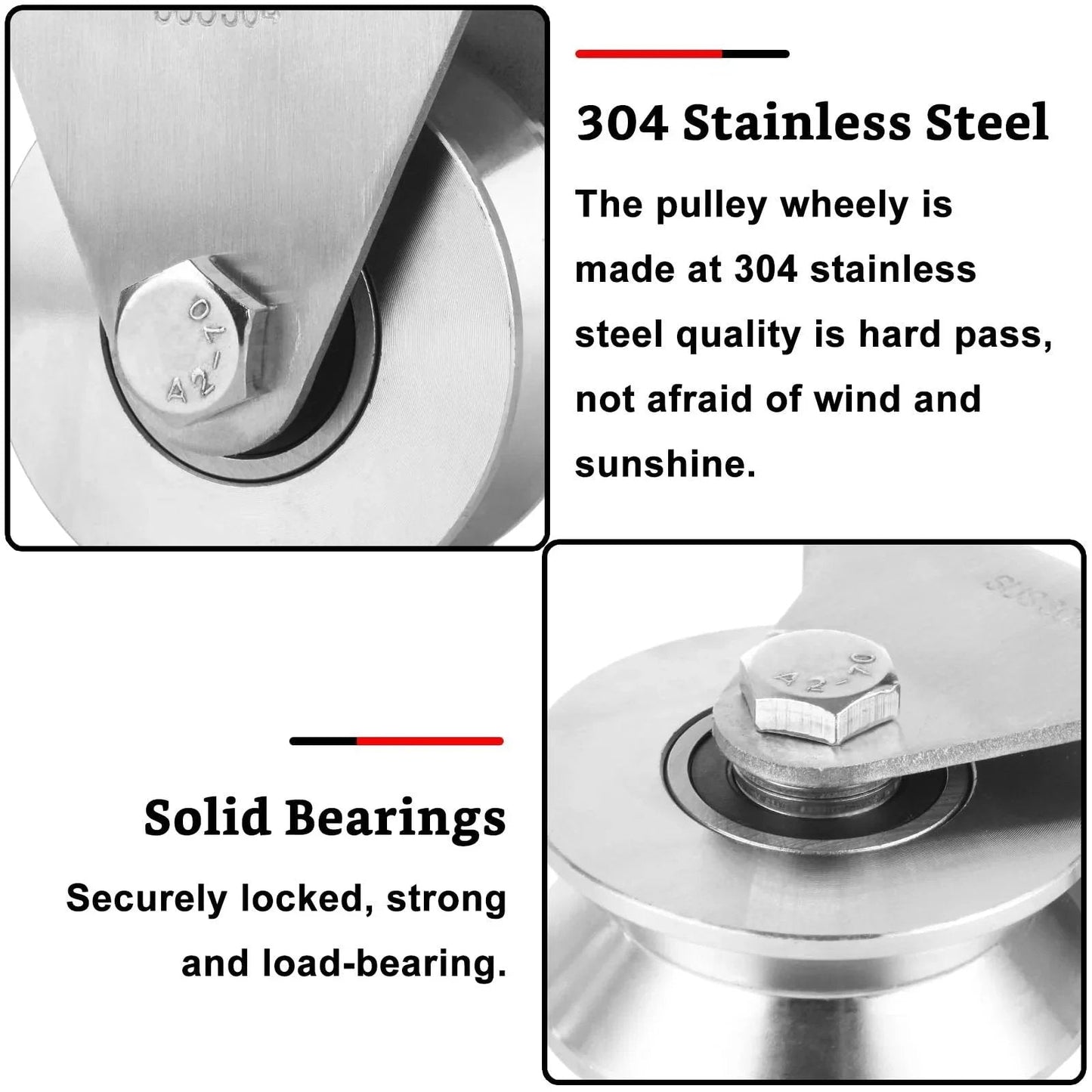 Close-up of Large 68mm V Groove Pulley Wheel With 304 Stainless Steel Silent Pulley Block highlighting solid duplex bearings.