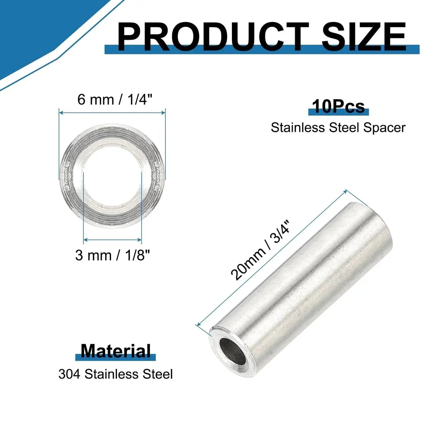 Durable 304 Stainless Steel Round Spacers 10 Pack Unthreaded Standoff Bushings product size with measurements and material