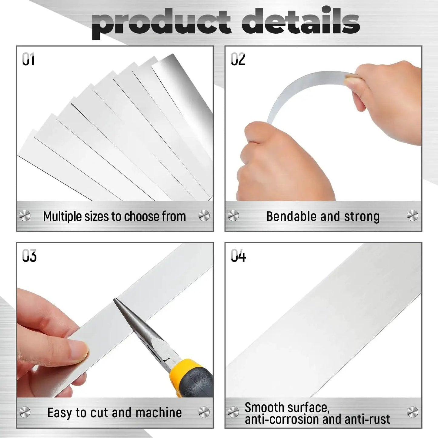 24 Pcs 304 Stainless Steel Shim Stock Assortment with eight thickness sizes, illustrating flexibility, durability, and smooth surface.