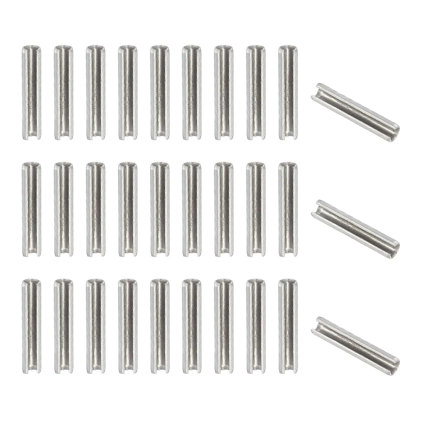 Slotted Spring Pin, 50 Pcs 1/8" x 5/8" (3.2mm x 16mm) 304 Stainless Steel Split Roll Pins arranged in rows, silver color.