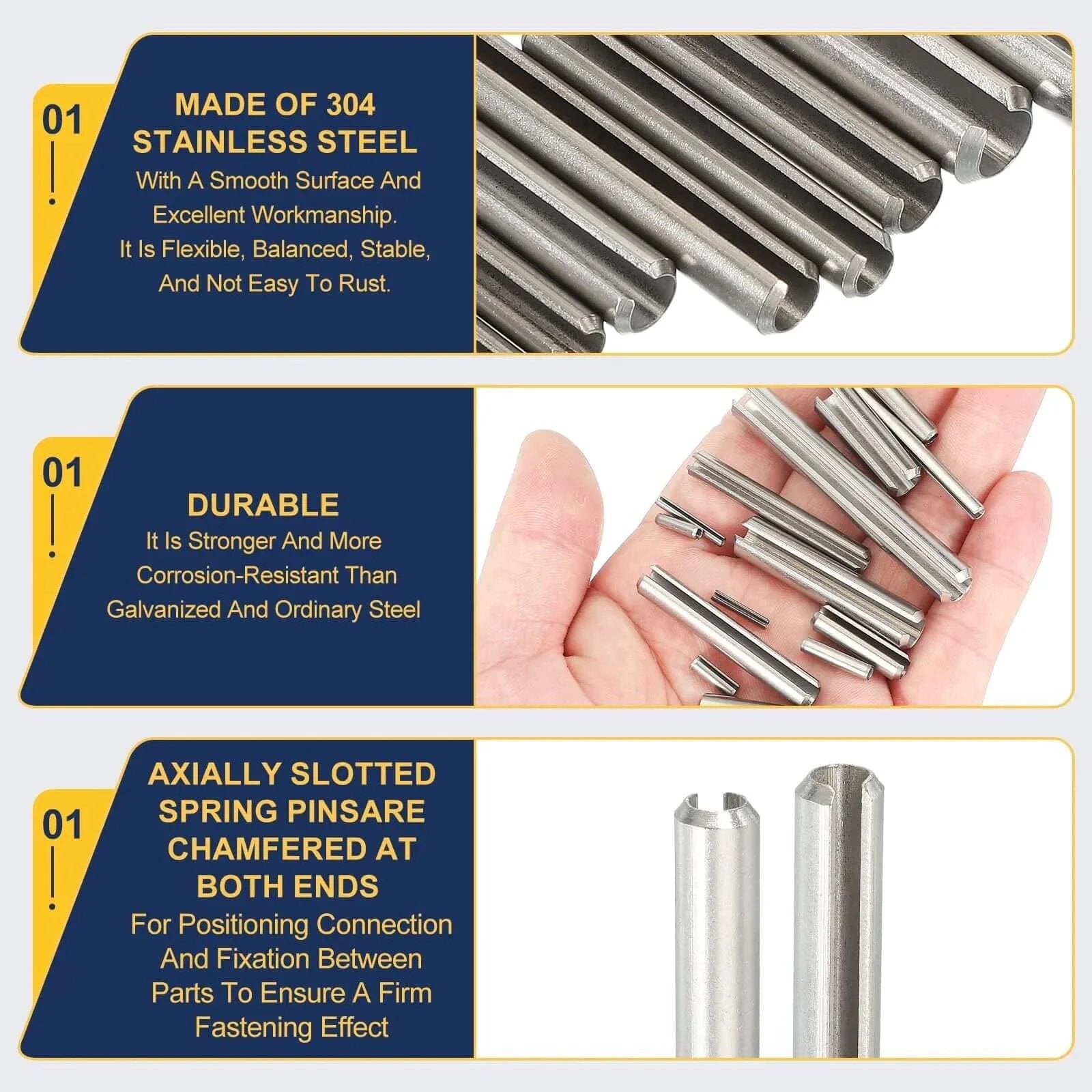 Slotted Spring Pin, 50 Pcs 3/32" x 1/2" (2.7mm x 12mm) 304 Stainless Steel Split Roll Pins shown in hand and detailed view