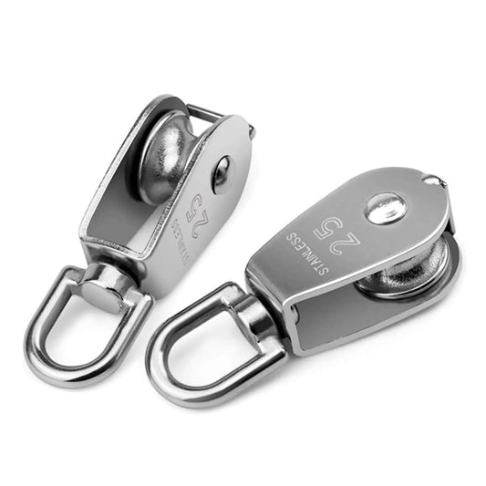 304 Stainless Steel Pully Single Wheel Swivel Pulley Block Lifting Rope 25mm Set, shows two pulleys side view