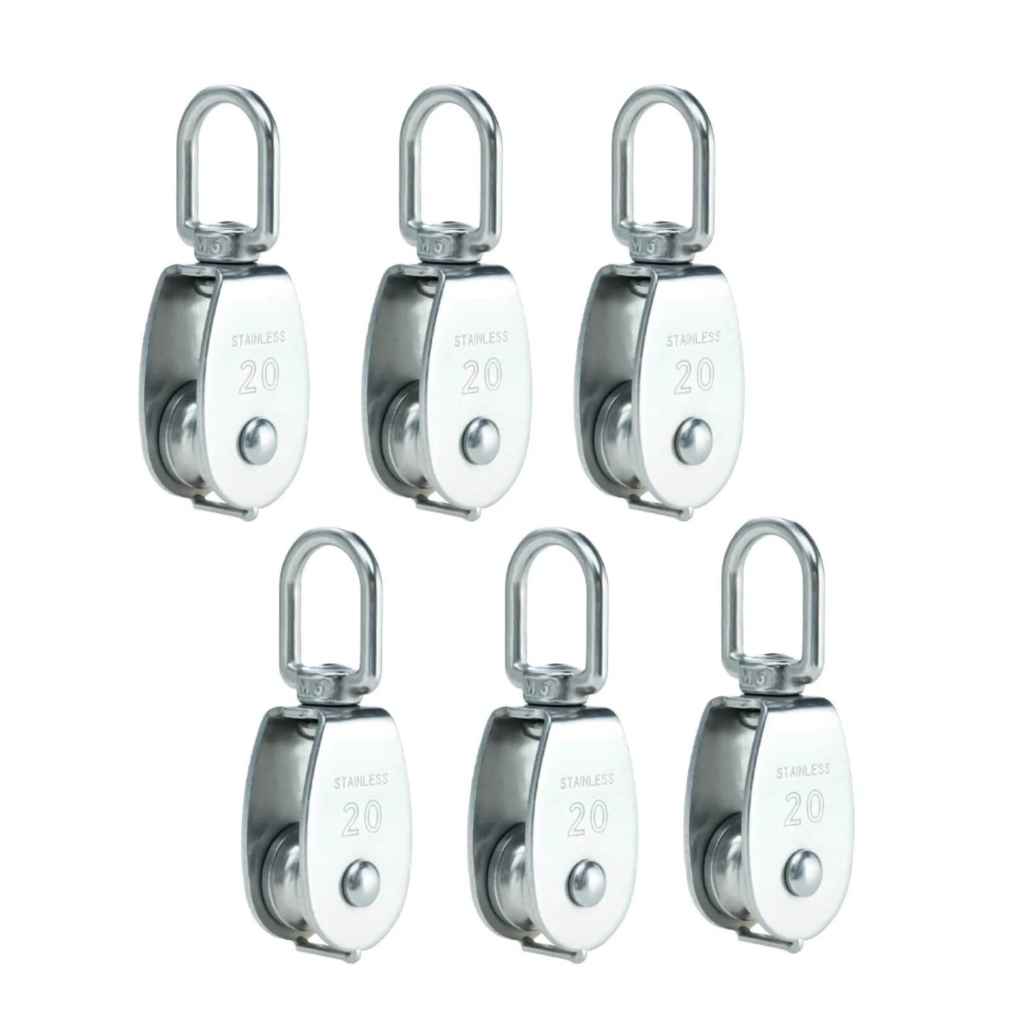 304 Stainless Steel Swivel Pulley Block M20, 3/4 in (0.75") Single Wheel, Pack of 6, front view
