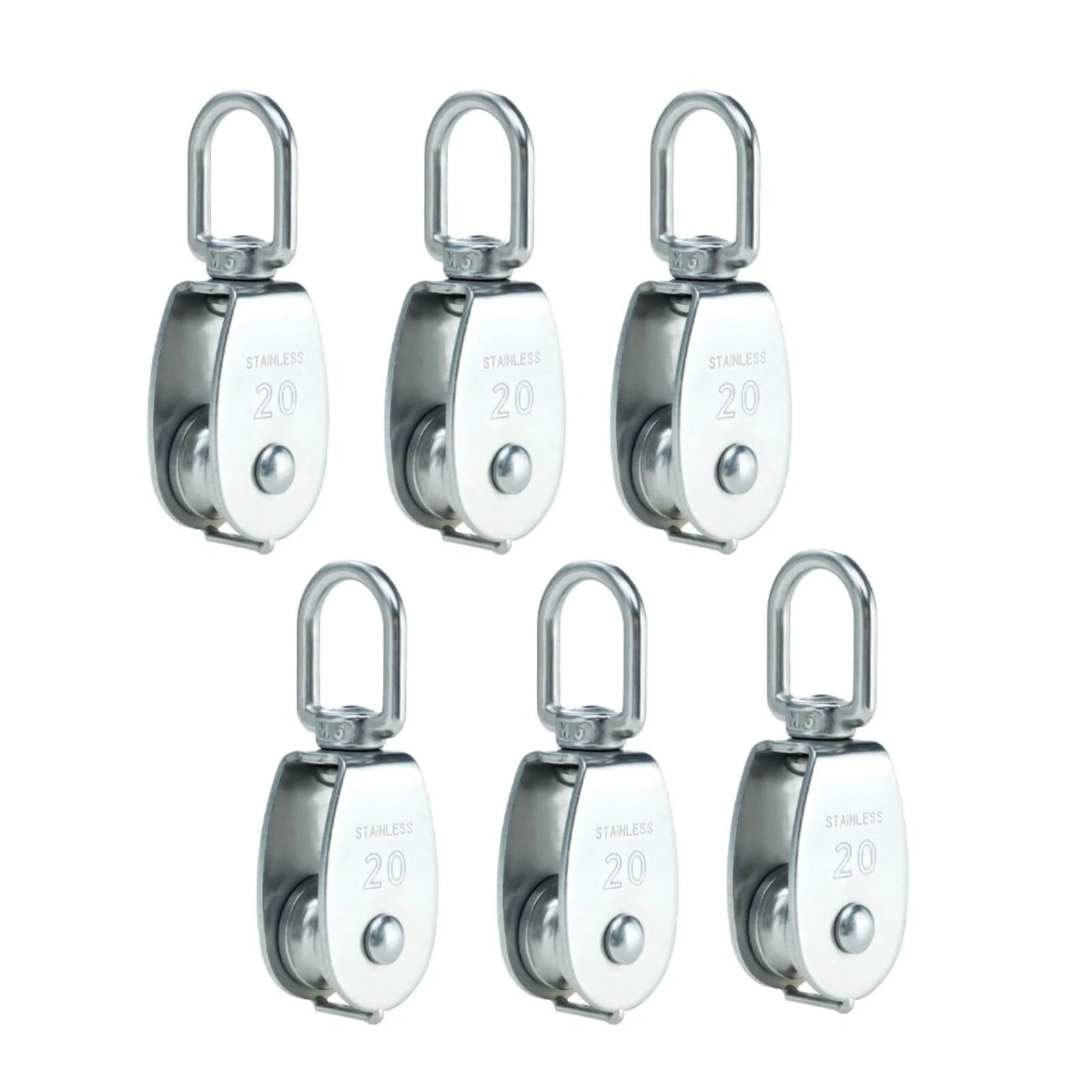 304 Stainless Steel Swivel Pulley Block M20, 3/4 in (0.75") Single Wheel, Pack of 6, front view