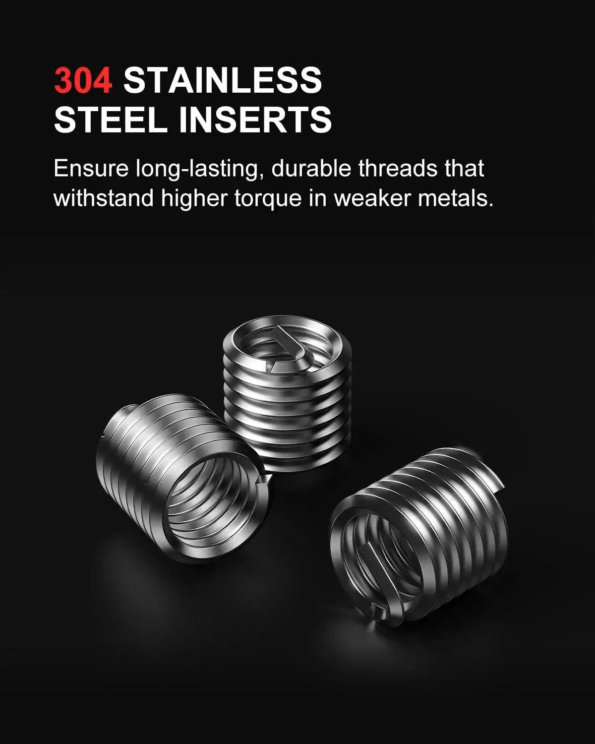 304 stainless steel inserts from Must Have Ultimate Auto Thread Repair Kit With 320 Piece Set for SAE and Metric sizes.