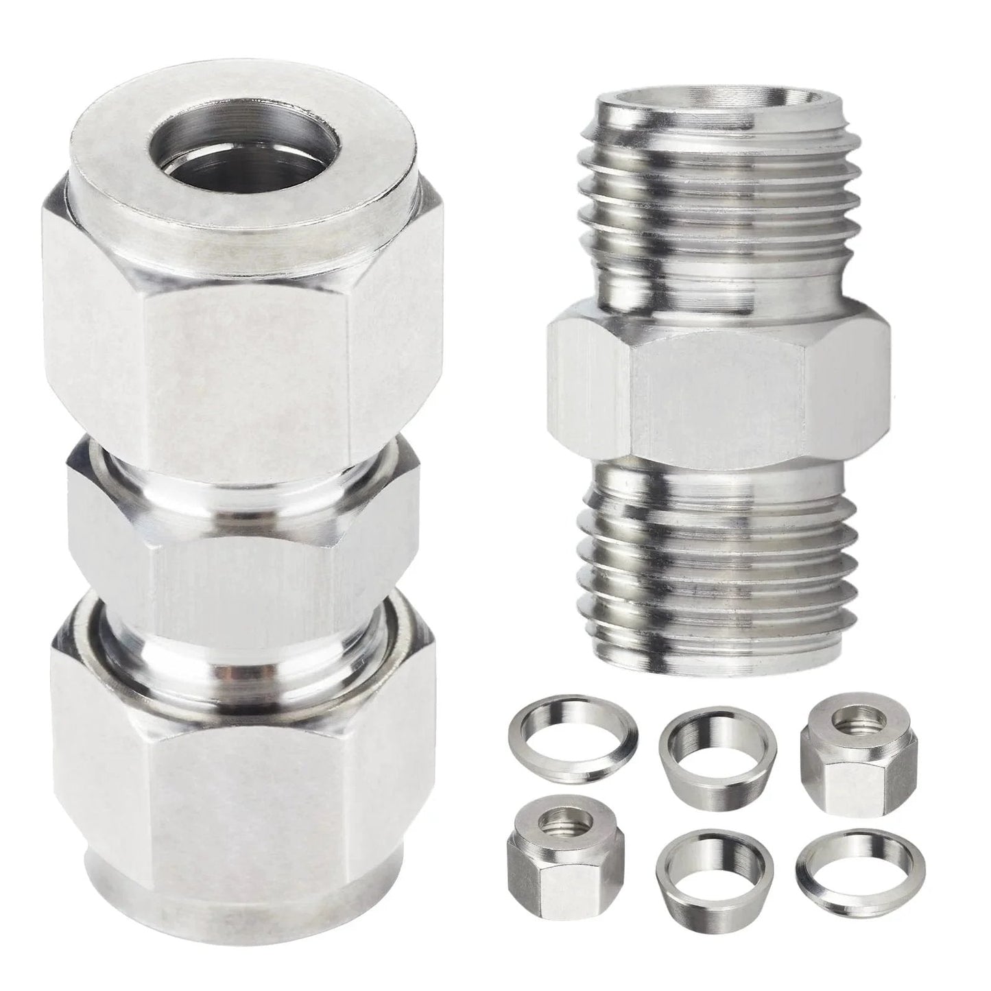 304 Stainless Steel Compression Tube Fitting Union With Double Ferrule 8mm Tube OD To 8mm Tube OD Set Of 2, components shown