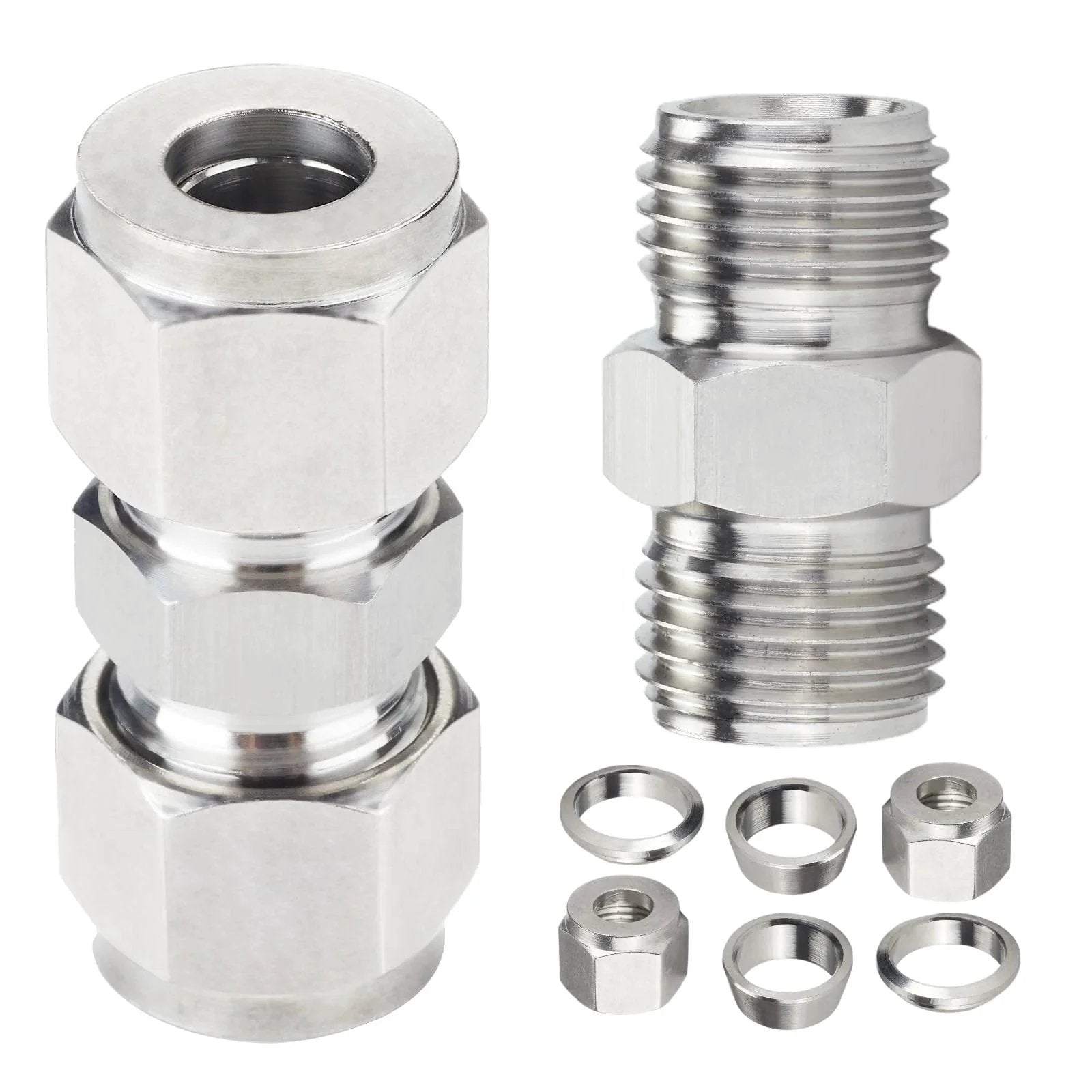 304 Stainless Steel Compression Tube Fitting Union With Double Ferrule 8mm Tube OD To 8mm Tube OD Set Of 2, components shown