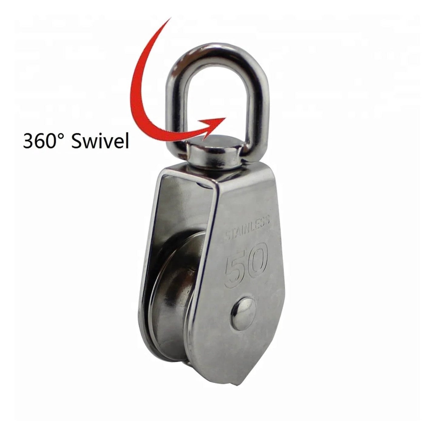 Close-up of 2-Pack 304 Stainless Single Sheave Open Block Pulley 32mm for Canoe Marine Boat Hardware, showing 360° swivel design.