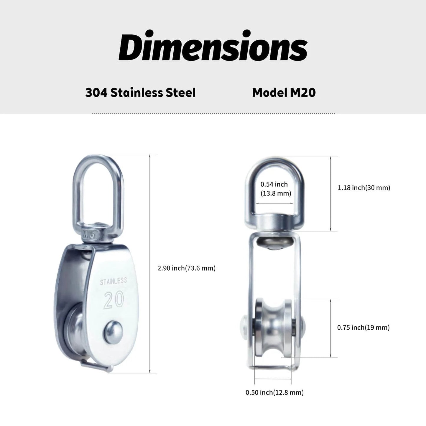304 Stainless Steel Swivel Pulley Block M20 dimensions, front and side view with measurements, pack of 6 for lifting, hoist, marine use.