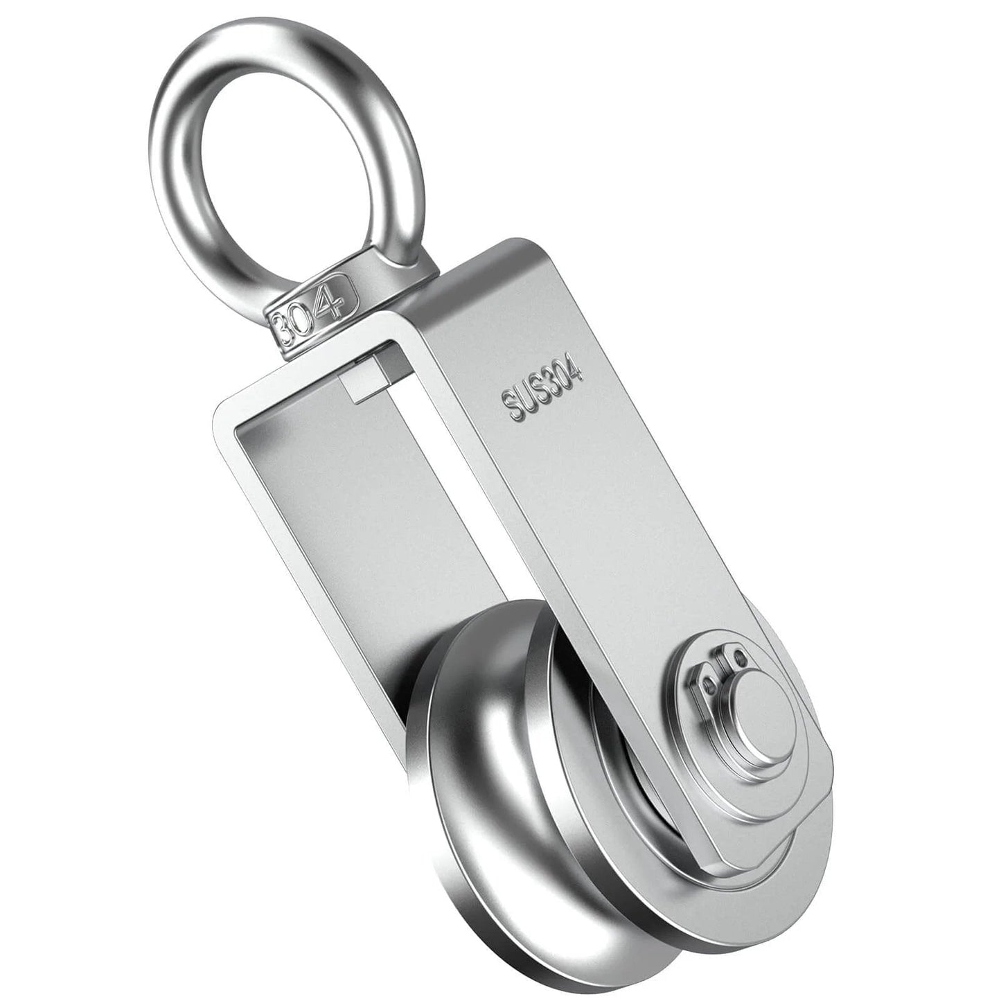 U Type Swivel Pulley Block, 304 Stainless Steel Pulleys for Wire Rope Cable Lifting, side view showing metal structure