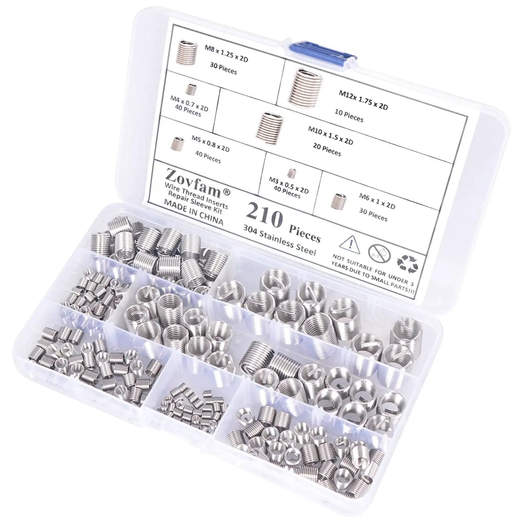 Pro Grade Wire Thread Inserts Kit In 304 Stainless Steel Assortment For Metric M3 Through M12 Sizes Helical Thread Repair Inserts 210 Pieces