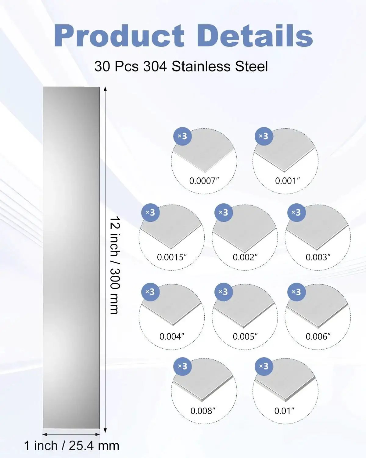 Chart showing Pro Grade 30 Pcs 304 Stainless Steel Shim Stock Set, 1 inch wide by 12 inch long, multi thickness for leveling and DIY projects.