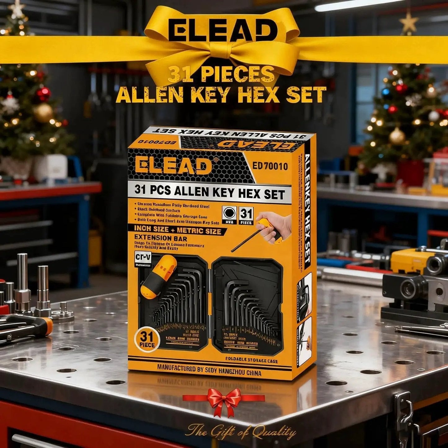 Thirty One Piece Hex Key Set With Long And Short Allen Keys In Metric And SAE Sizes From 0.7 Millimeter To 10 Millimeter And 0.028 To Three Eighths Inch Heat Treated For Strength Featuring A Torque Handle High Leverage And Easy Organization in retail packaging on a workbench.