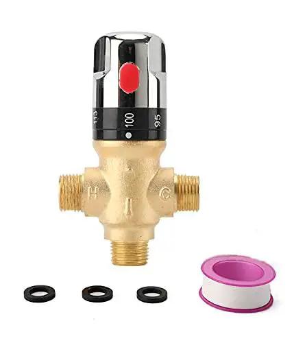 Shower Thermostatic Mixing Valve From TreMax With One Half Inch NPT Thread US Standard, solid brass gold finish, Fahrenheit markings visible.