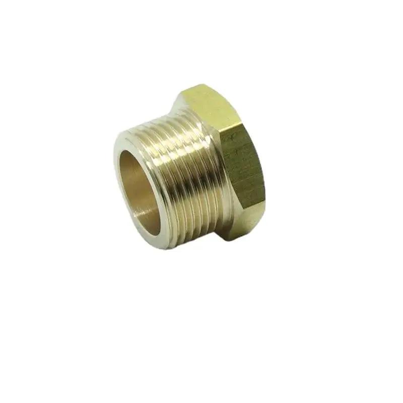 Brass Pipe Reducer Adapter Three Eighths Inch NPT Female To M22 By 1.5 Metric Male Fitting for plumbing and hydraulic lines, side view