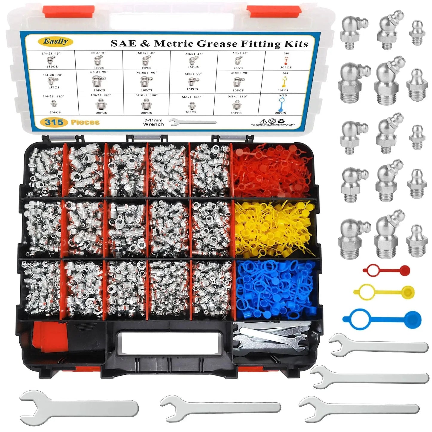 315 Piece SAE And Metric Grease Fittings Assortment Kit With Zerk Fittings In Straight 45 Degree And 90 Degree Angles Including Plastic Cap And Wrench Kit 7 11mm For Grease Gun Included In Red Storage Box