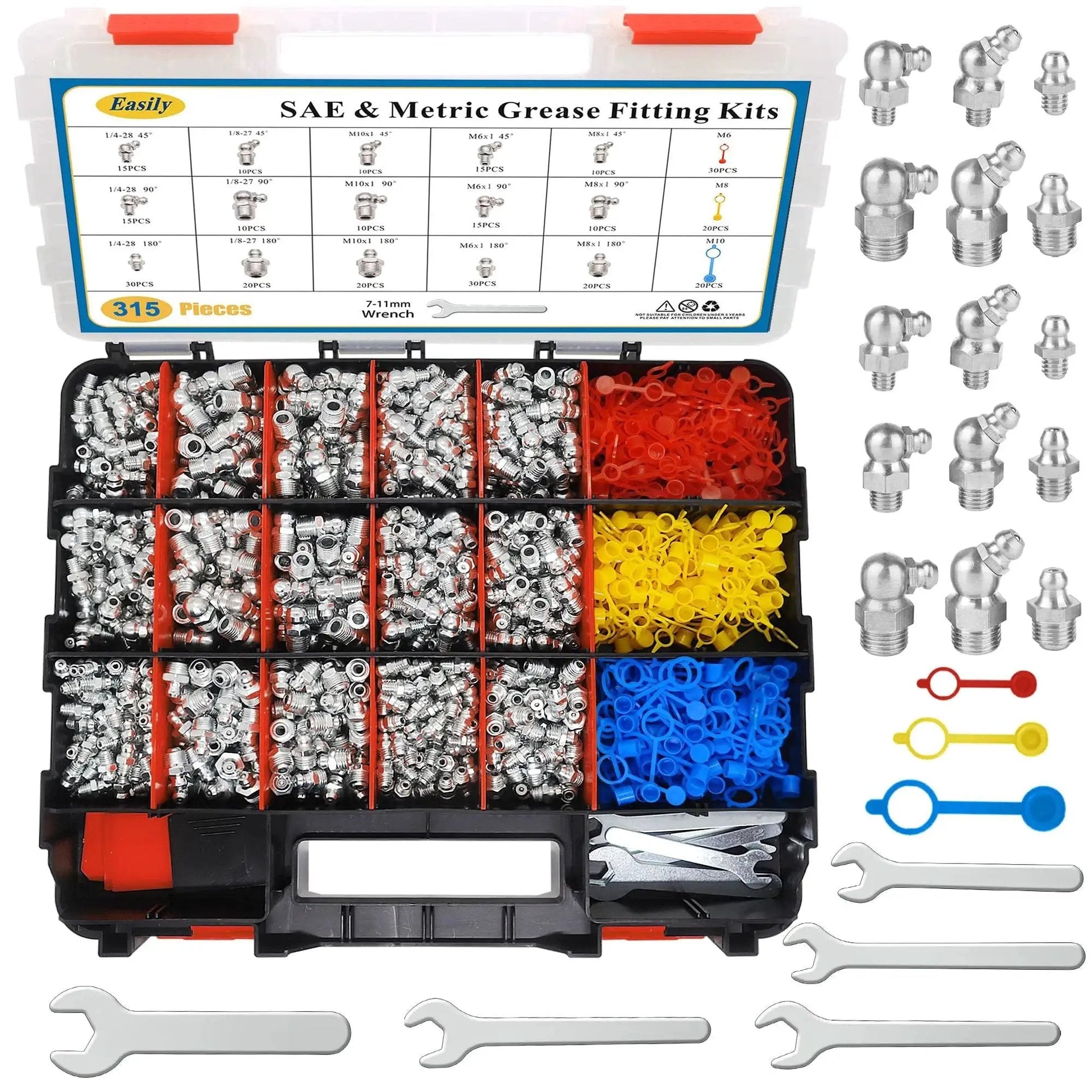315 Piece SAE And Metric Grease Fittings Assortment Kit With Zerk Fittings In Straight 45 Degree And 90 Degree Angles Including Plastic Cap And Wrench Kit 7 11mm For Grease Gun Included In Red Storage Box