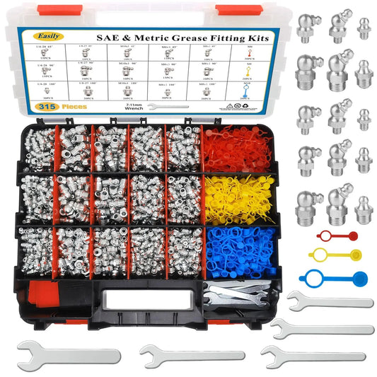 315 Piece SAE And Metric Grease Fittings Assortment Kit With Zerk Fittings In Straight 45 Degree And 90 Degree Angles Including Plastic Cap And Wrench Kit 7 11mm For Grease Gun Included In Red Storage Box