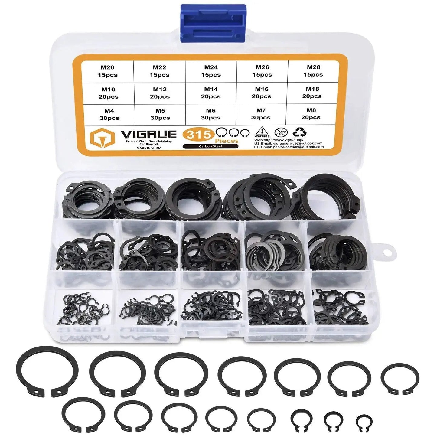 315 Piece Snap Ring Set For External Circlips In 15 Sizes Alloy Steel Heat Treated Retaining Rings Kit For Axles Shafts And Moving Parts