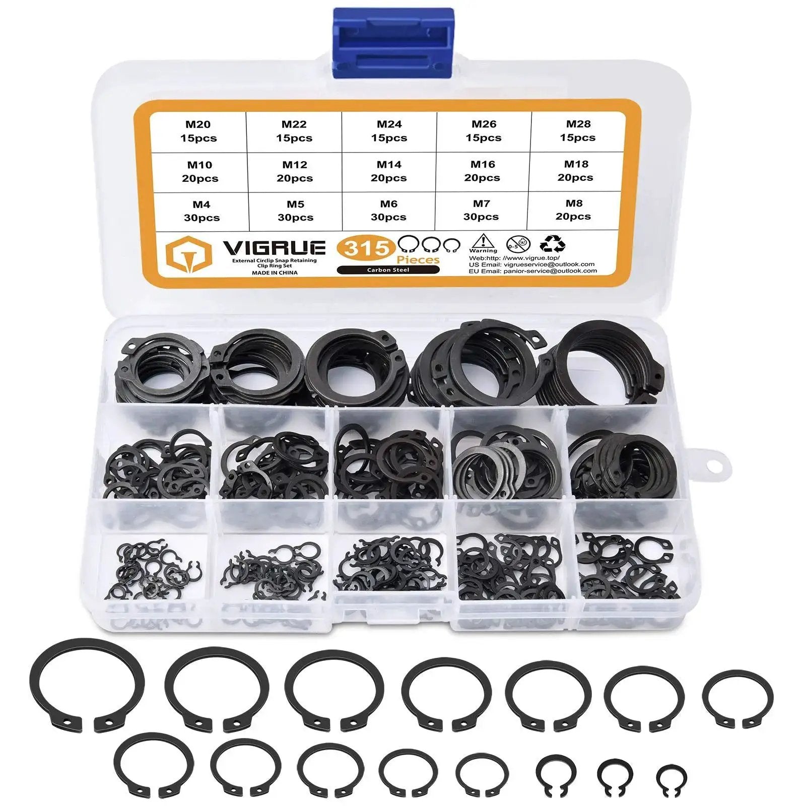 315 Piece Snap Ring Set For External Circlips In 15 Sizes Alloy Steel Heat Treated Retaining Rings Kit For Axles Shafts And Moving Parts