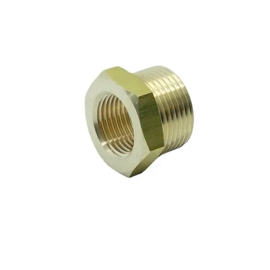 Brass Pipe Reducer Adapter Three Eighths Inch NPT Female To M22 By 1.5 Metric Male Fitting, one-piece brass connector, side view